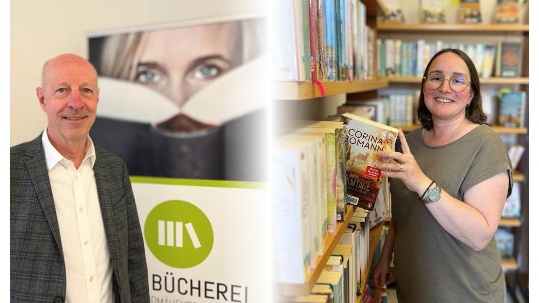 Links Mann vor Bücherei-Banner; rechts Frau in Bücherei, greift Buch aus Regal. (Alt-Text erstellt mit KI-Unterstützung)